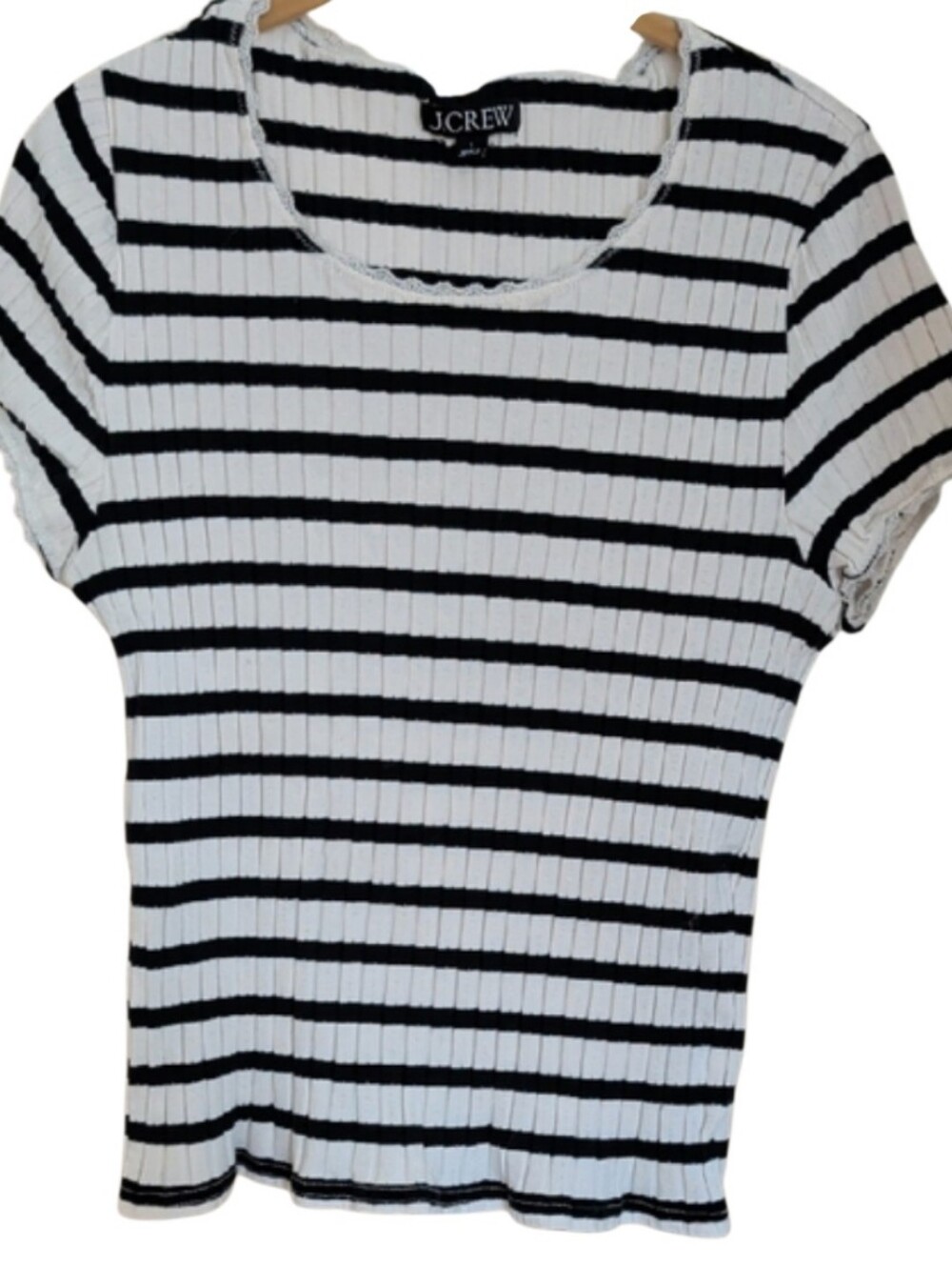J. Crew Black and White Striped Ribbed Short Sleeve Tee. 97% Cotton. 8% Elastane